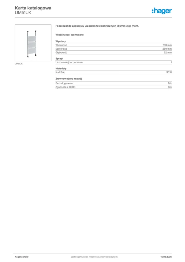 Zdjęcie Hager Karta katalogowa UM51UK | Hager Polska