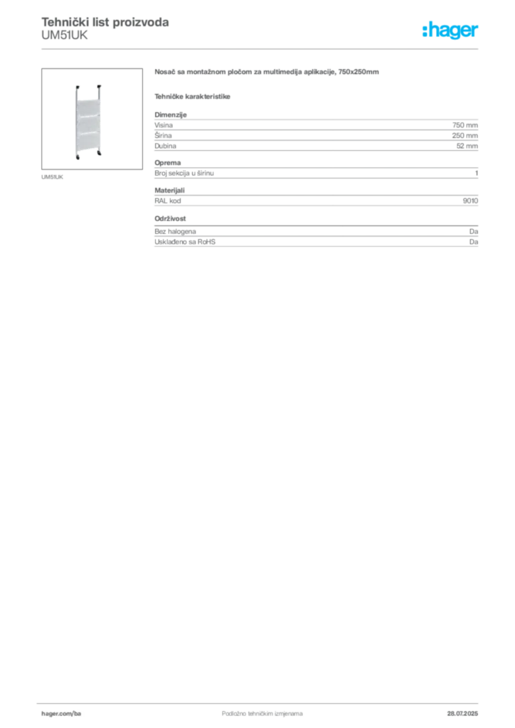 Slika Hager Product data sheet UM51UK  | Hager