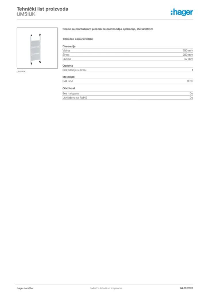 Slika Hager Tehnički list proizvoda UM51UK  | Hager