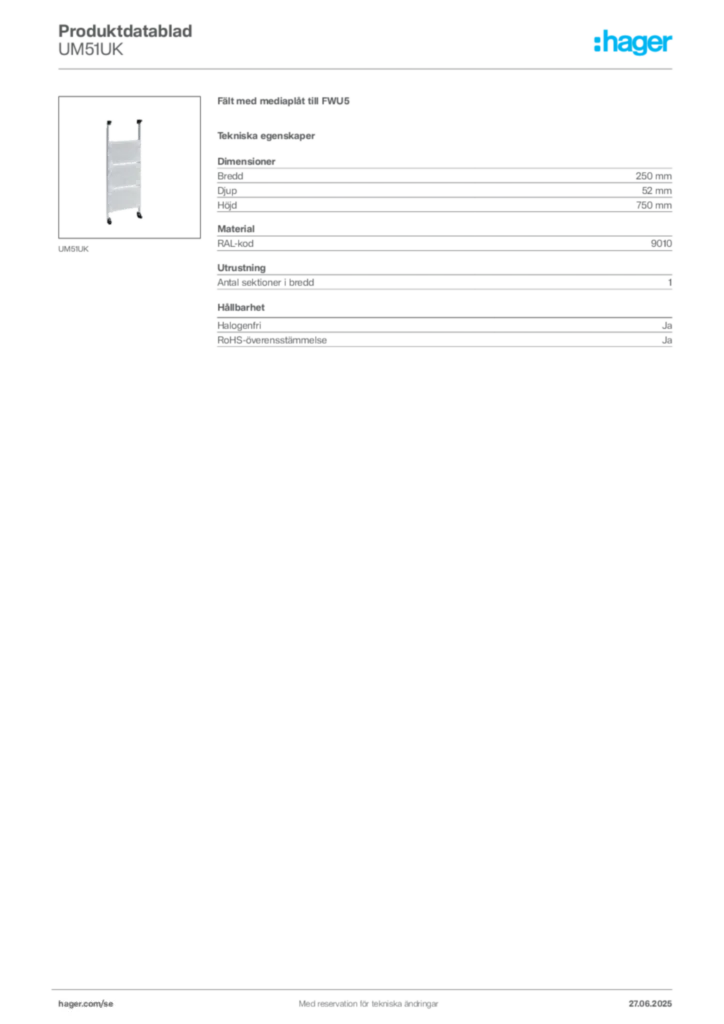 Bild Hager Produktdatablad UM51UK | Hager Sverige