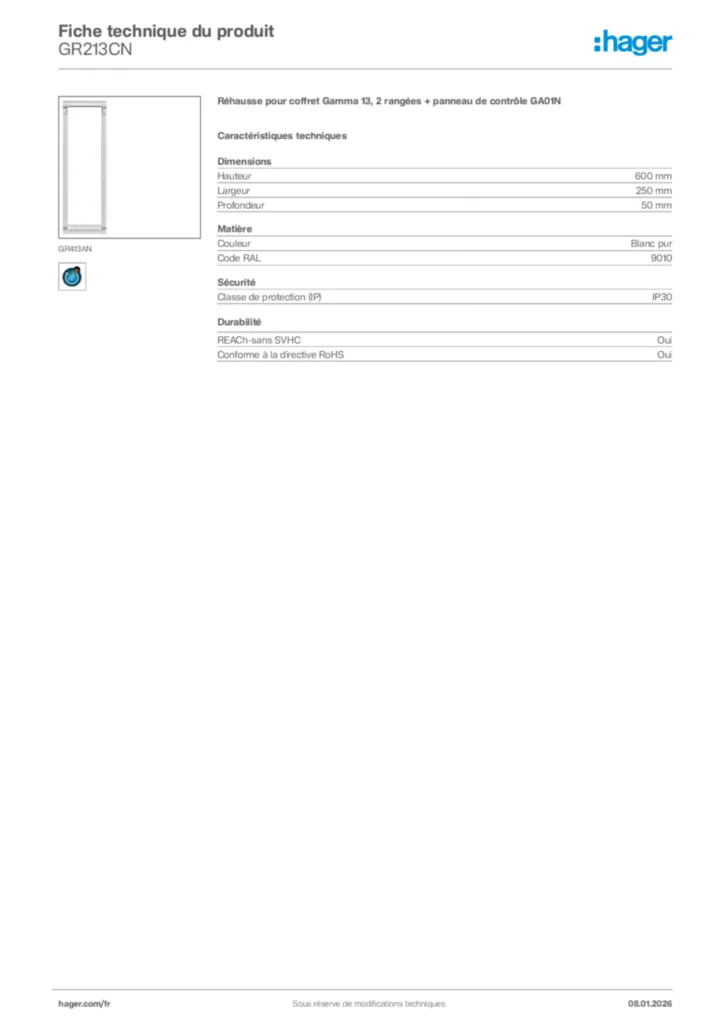 Image Hager Fiche technique du produit GR213CN | Hager France