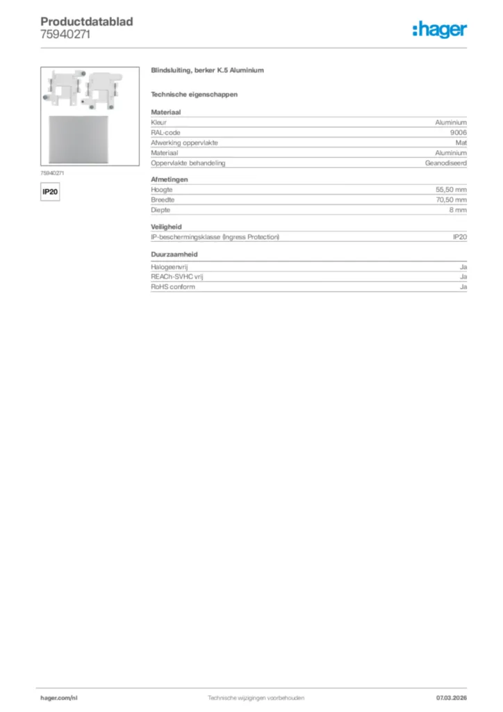 Afbeelding Hager Productdatablad 75940271 | Hager Nederland