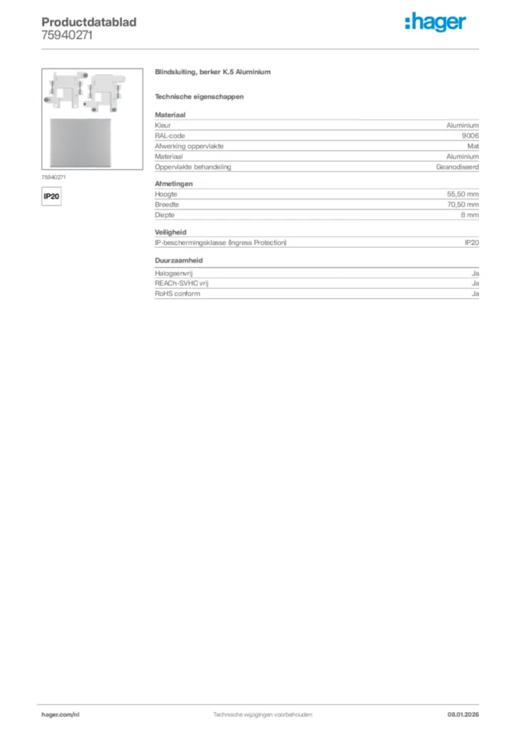 Afbeelding Hager Productdatablad 75940271 | Hager Nederland