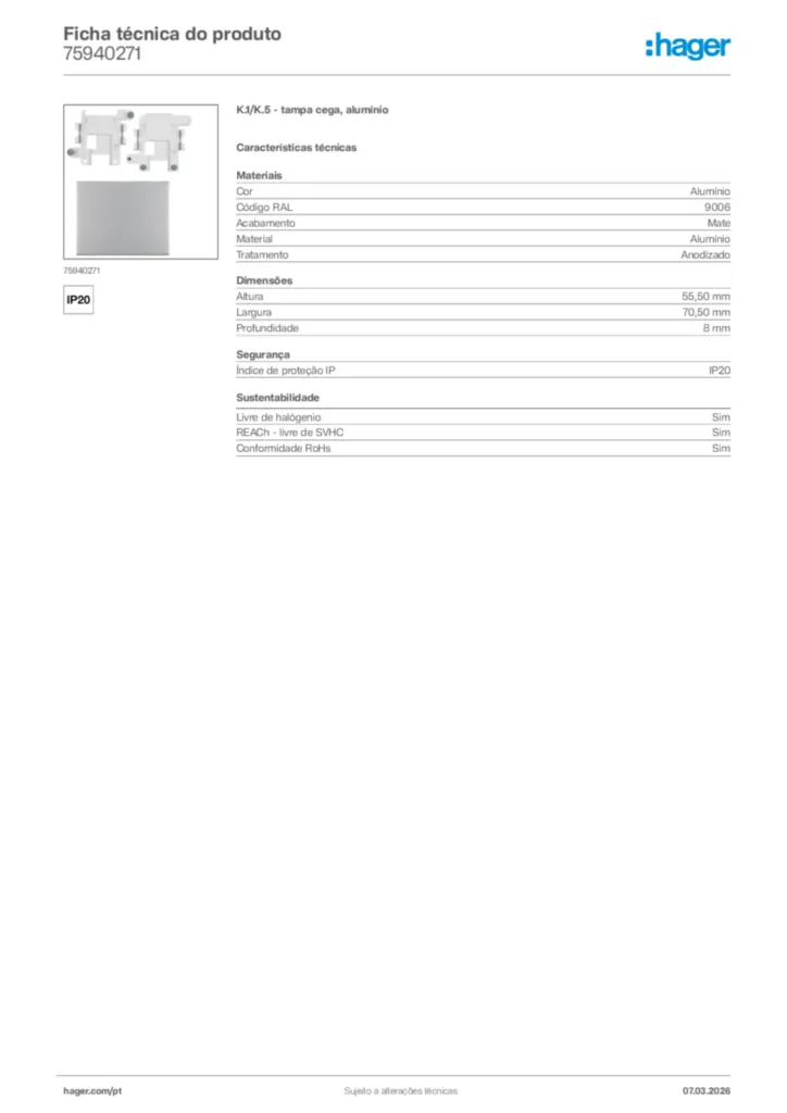 Imagem Hager Ficha técnica do produto 75940271 | Hager Portugal