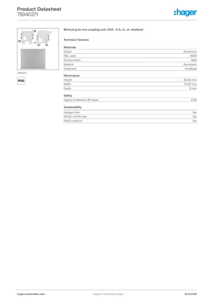 Image Hager Product data sheet 75940271  | Hager