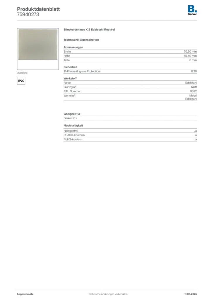 Bild Berker Produktdatenblatt 75940273 | Hager Deutschland