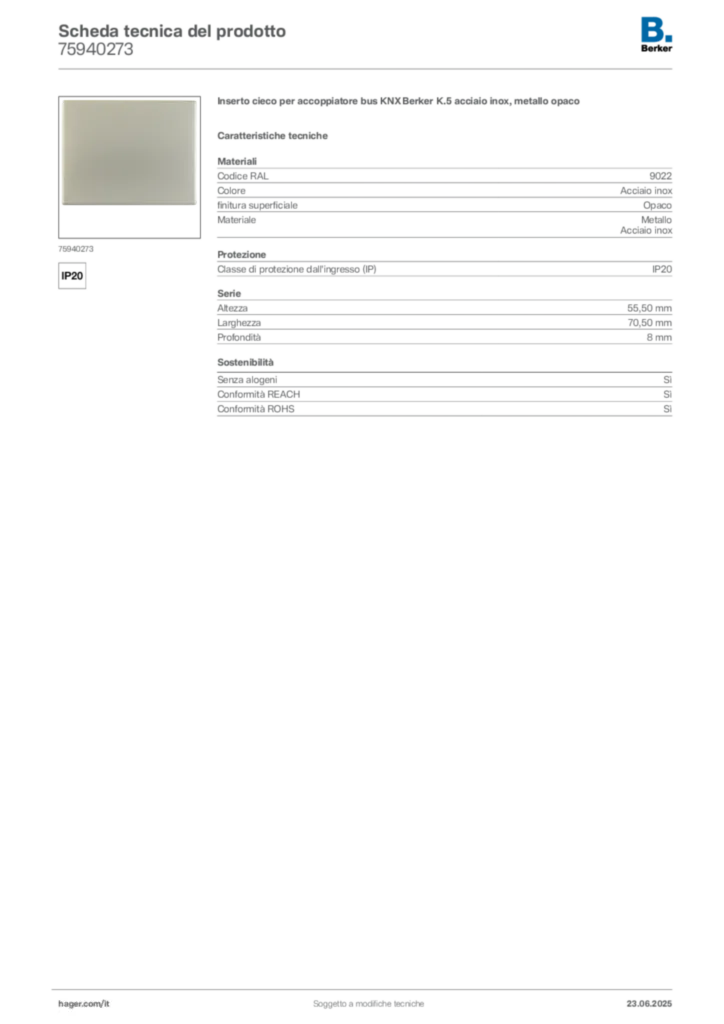 Immagine Berker Scheda tecnica del prodotto 75940273 | Hager Italia