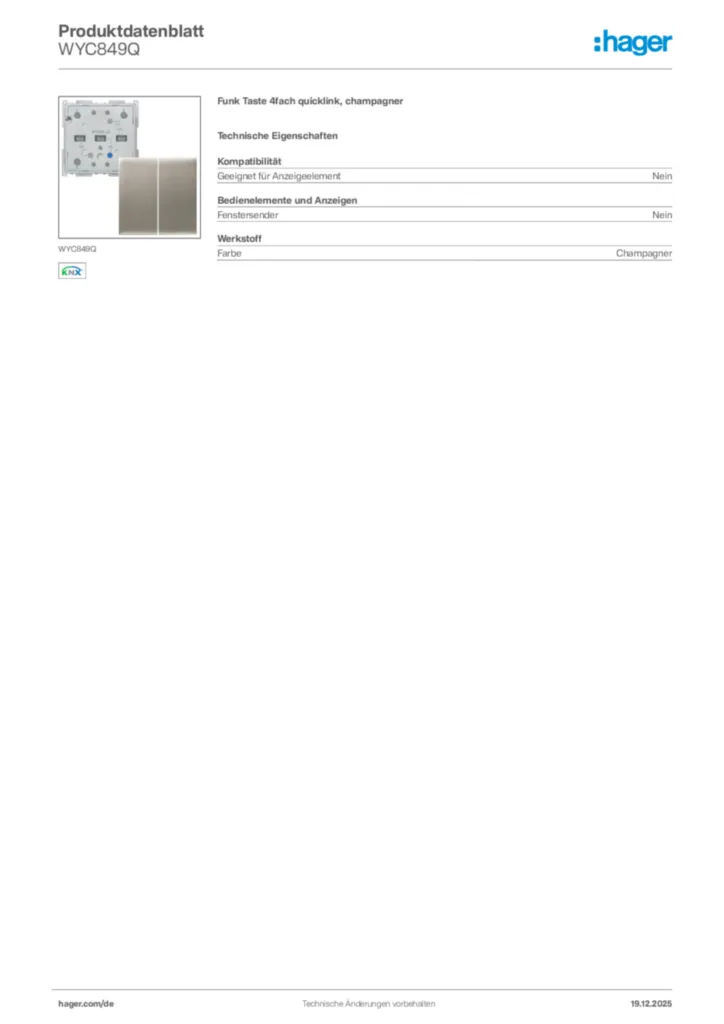 Bild Hager Produktdatenblatt WYC849Q | Hager Deutschland