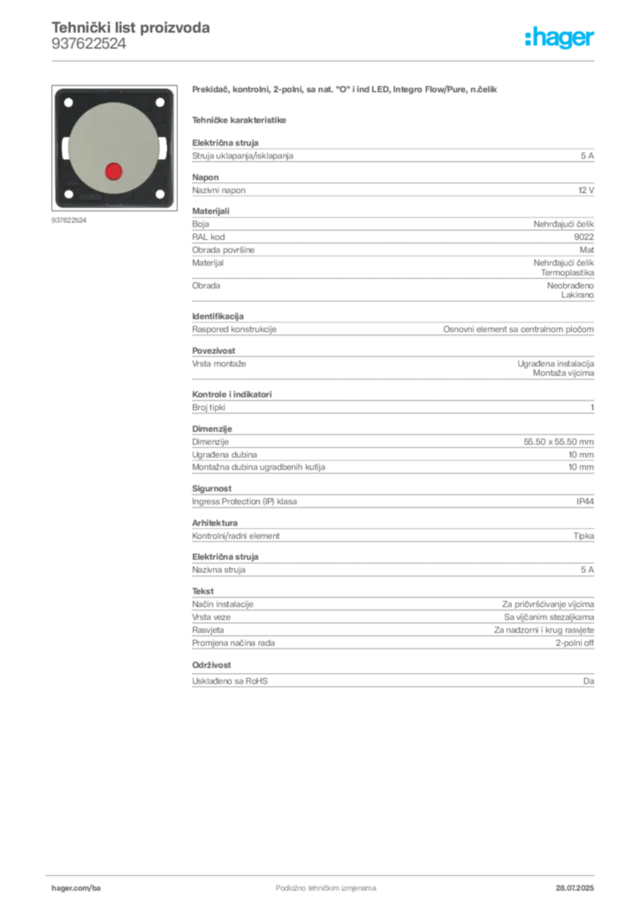 Slika Hager Product data sheet 937622524  | Hager