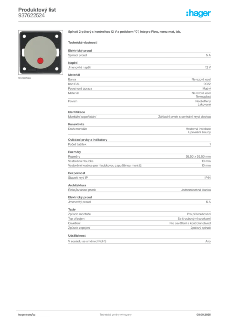 Obrázek Hager Produktový list 937622524 | Hager