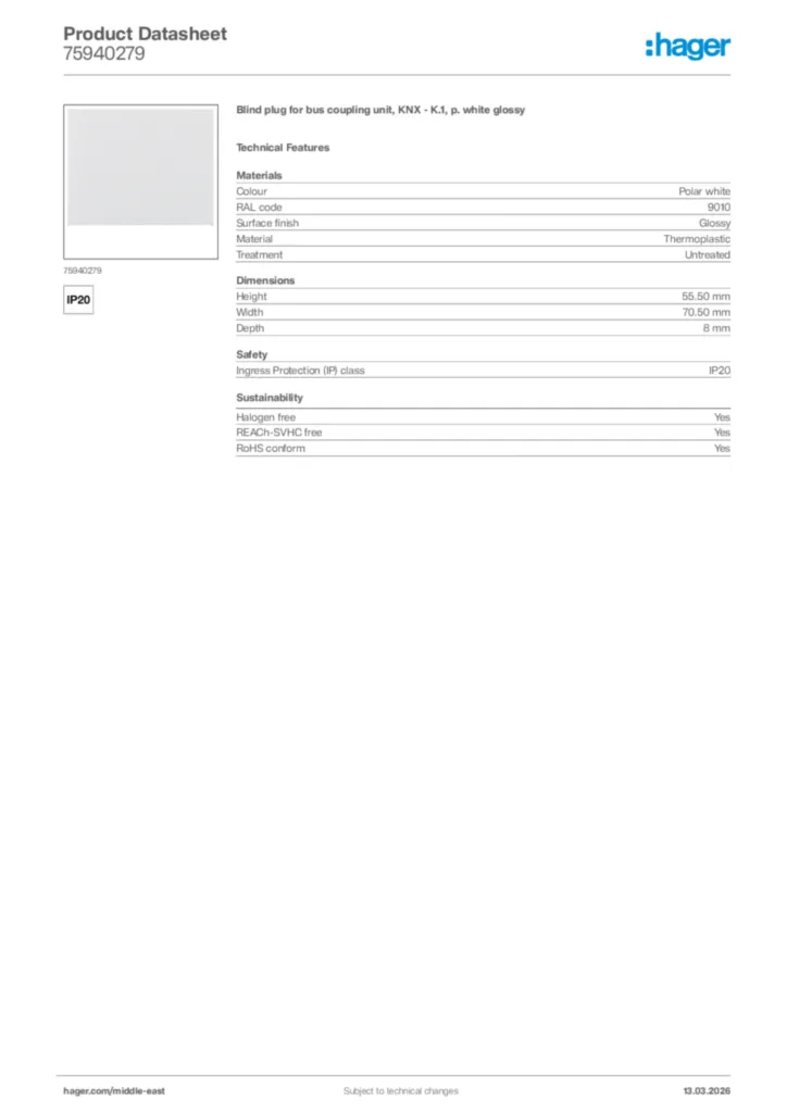 Image Hager Product data sheet 75940279  | Hager