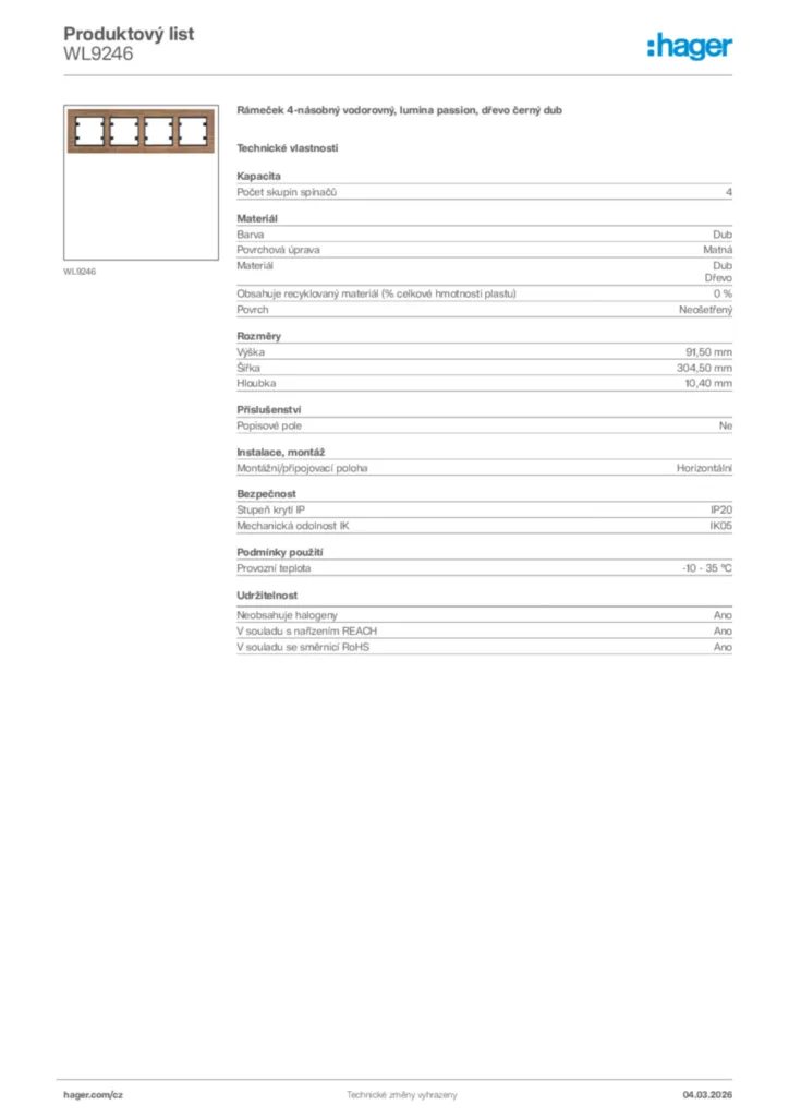 Obrázek Hager Product data sheet WL9246 | Hager
