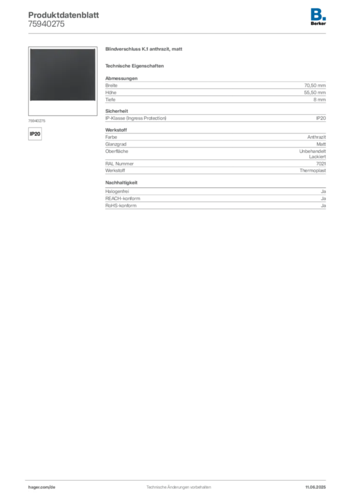 Bild Berker Produktdatenblatt 75940275 | Hager Deutschland
