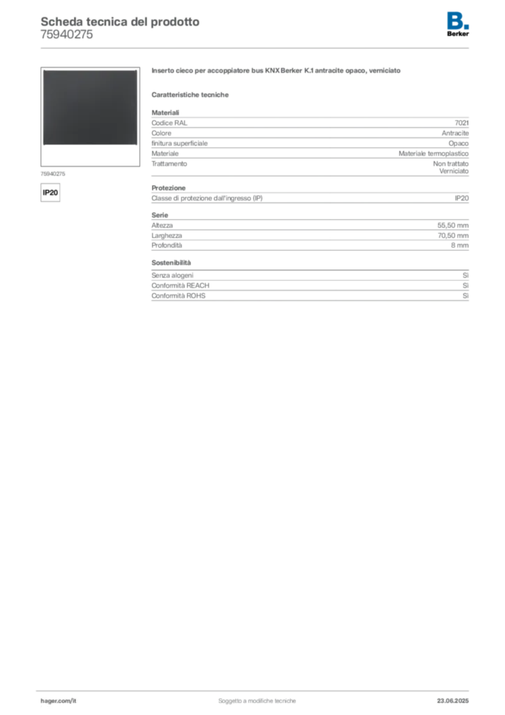 Immagine Berker Scheda tecnica del prodotto 75940275 | Hager Italia