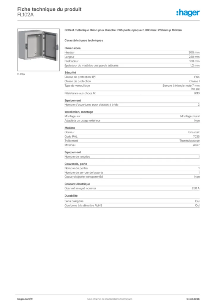 Image Hager Fiche technique du produit FL102A | Hager France