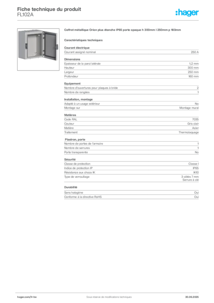 Image Hager Fiche technique du produit FL102A | Hager Belgique