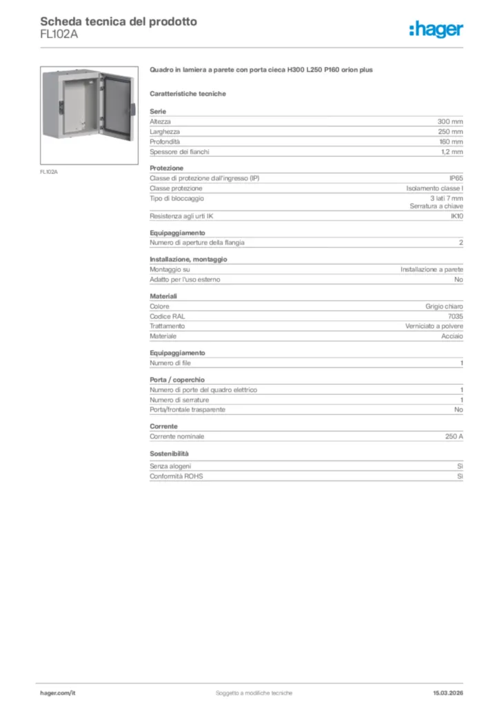 Immagine Hager Scheda tecnica del prodotto FL102A | Hager Italia