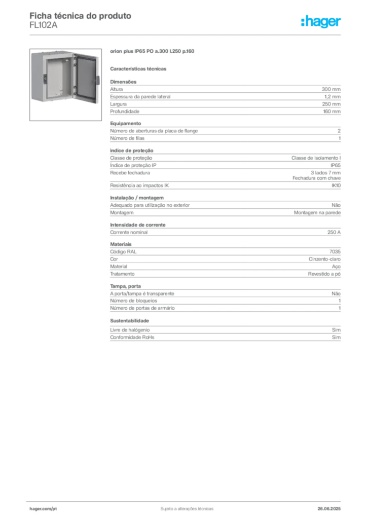 Imagem Hager Ficha técnica do produto FL102A | Hager Portugal