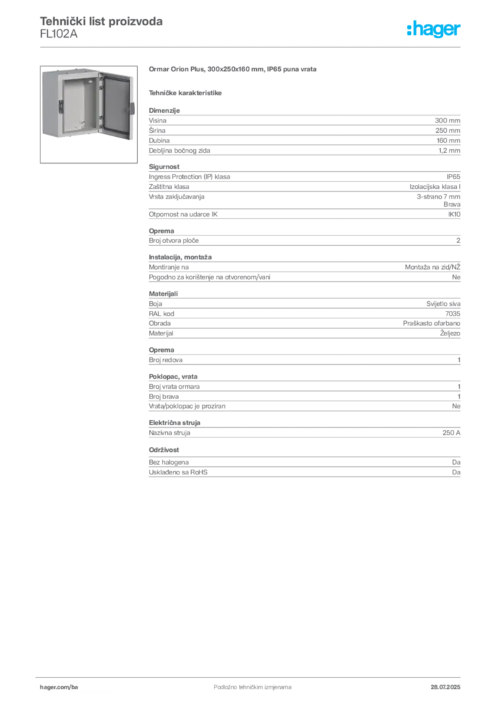 Slika Hager Product data sheet FL102A  | Hager