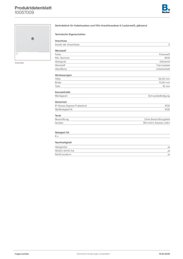Bild Berker Produktdatenblatt 10057009 | Hager Deutschland