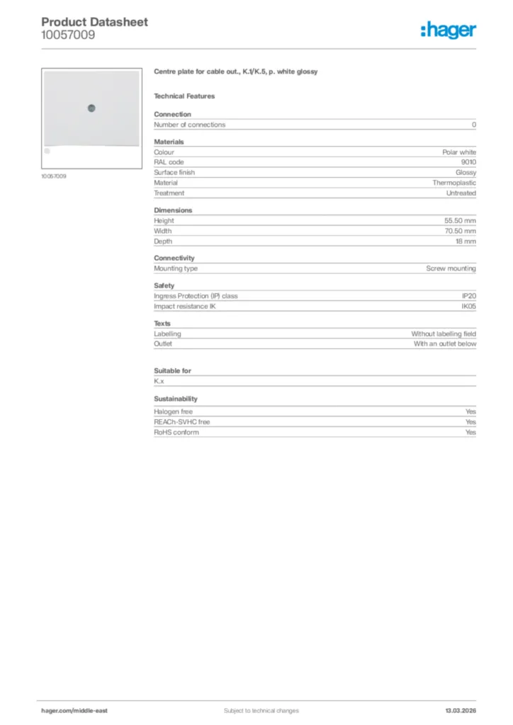 Image Hager Product data sheet 10057009  | Hager