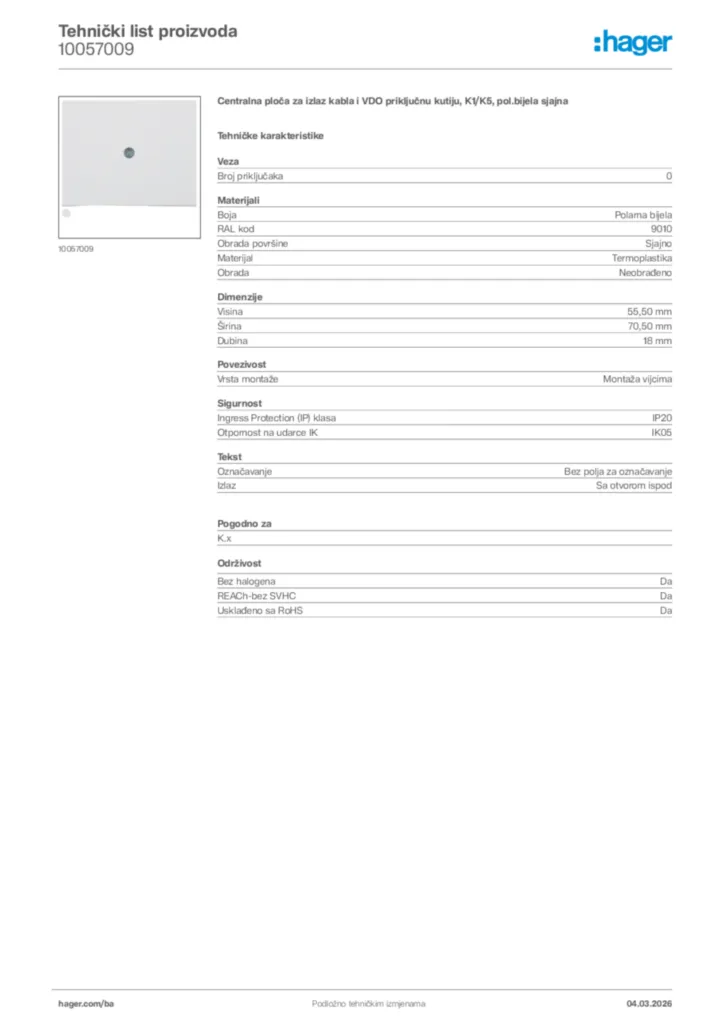 Slika Hager Tehnički list proizvoda 10057009  | Hager