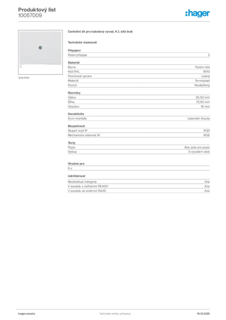 Obrázek Hager Produktový list 10057009 | Hager