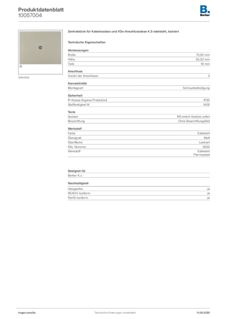 Bild Berker Produktdatenblatt 10057004 | Hager Deutschland