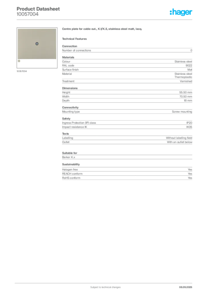 Image Hager Product data sheet 10057004  | Hager