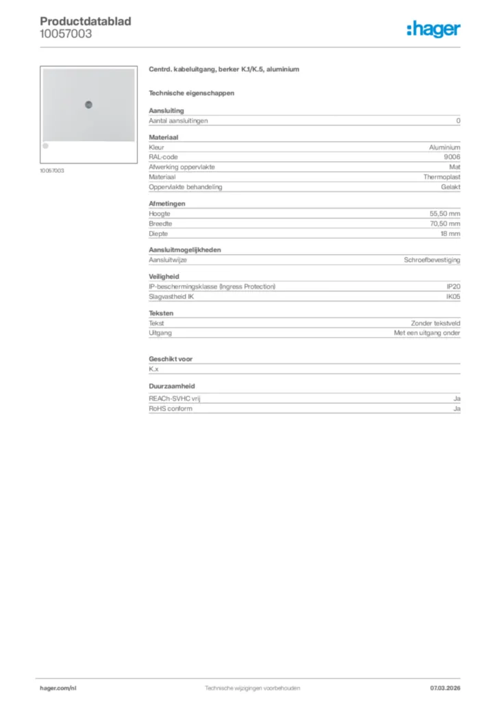 Afbeelding Hager Productdatablad 10057003 | Hager Nederland