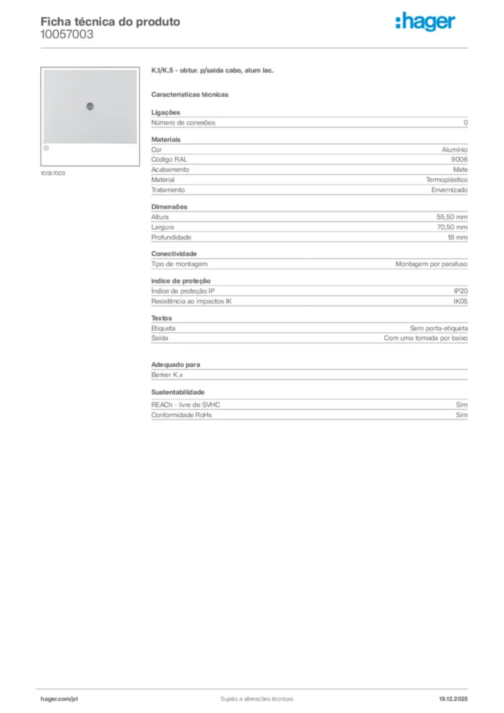 Imagem Hager Ficha técnica do produto 10057003 | Hager Portugal