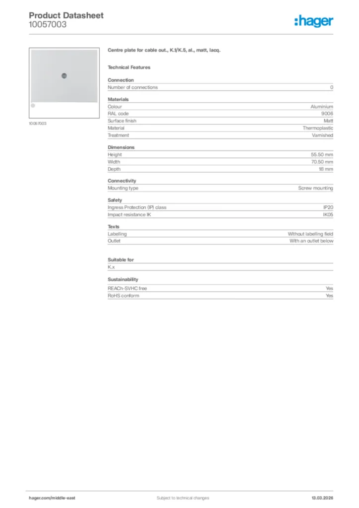 Image Hager Product data sheet 10057003  | Hager