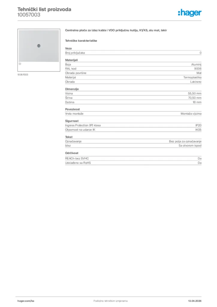 Slika Hager Tehnički list proizvoda 10057003  | Hager
