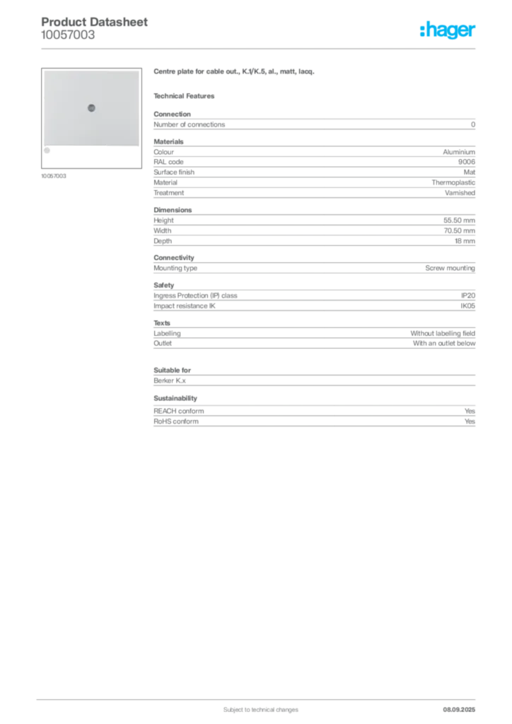 Image Hager Product data sheet 10057003  | Hager