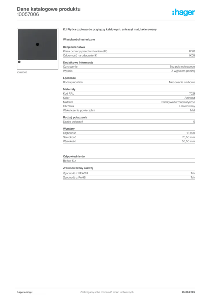 Zdjęcie Hager Karta katalogowa 10057006 | Hager Polska