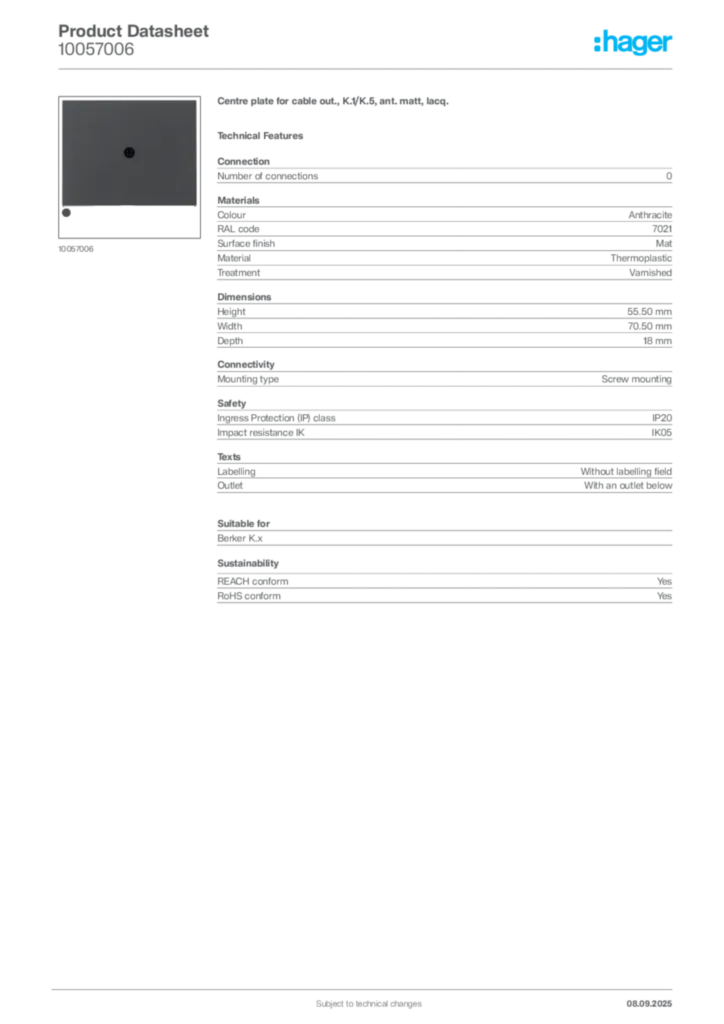Image Hager Product data sheet 10057006  | Hager