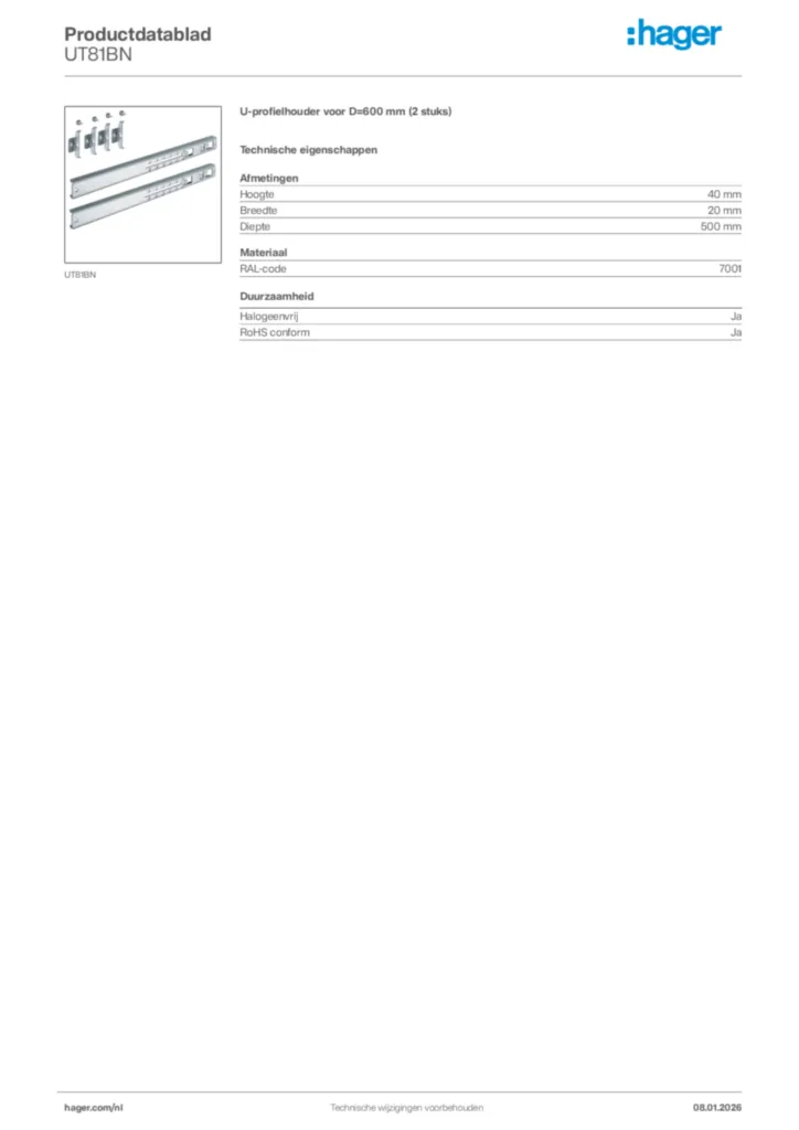 Afbeelding Hager Productdatablad UT81BN | Hager Nederland