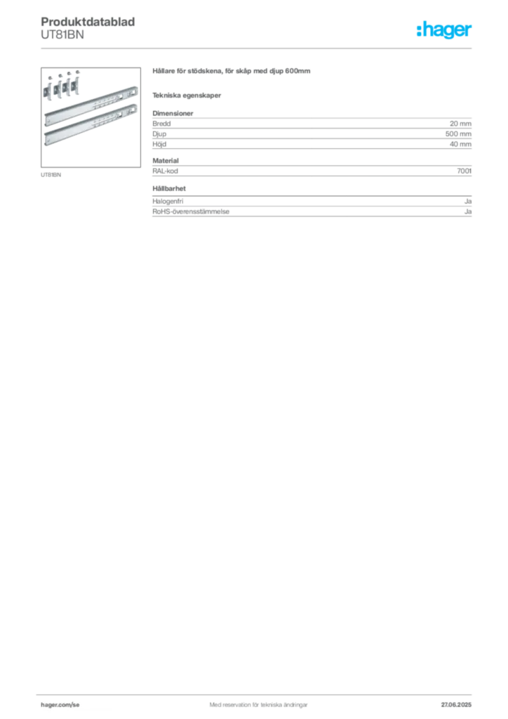 Bild Hager Produktdatablad UT81BN | Hager Sverige