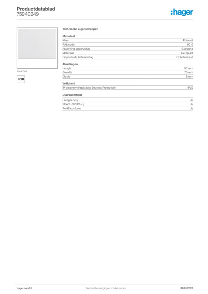 Afbeelding Hager Productdatablad 75940249 | Hager Nederland