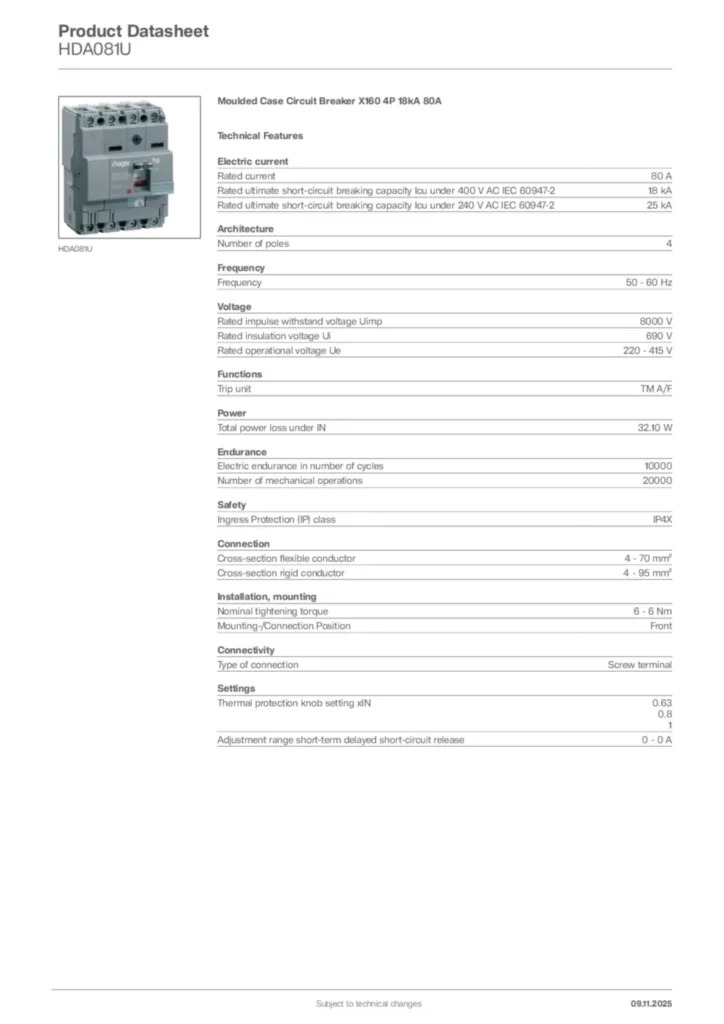 Image Hager Product data sheet HDA081U  | Hager Africa