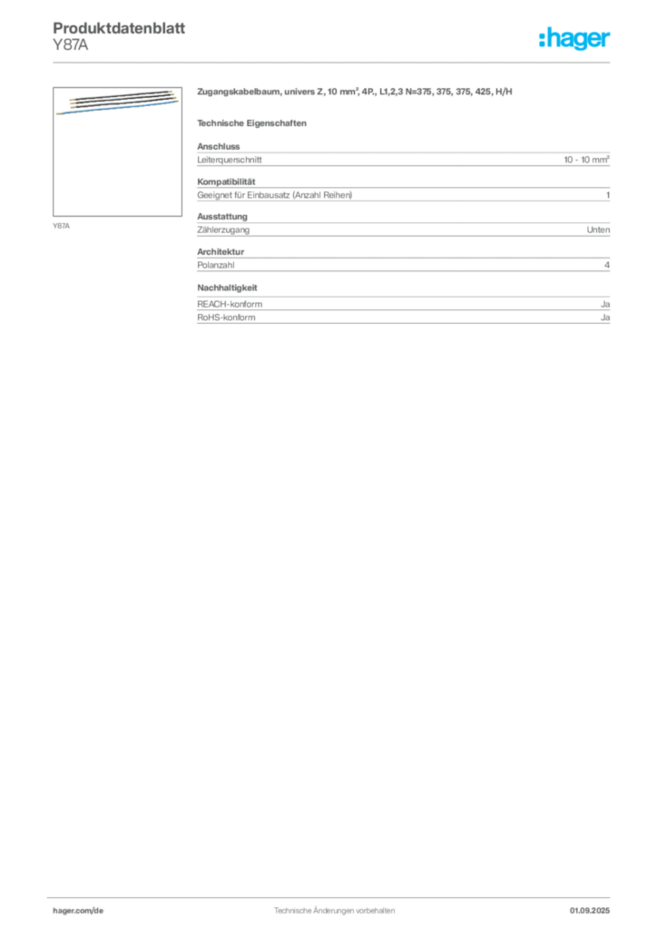 Hager Produktdatenblatt Y87A