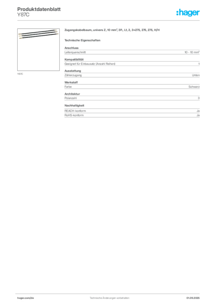 Hager Produktdatenblatt Y87C