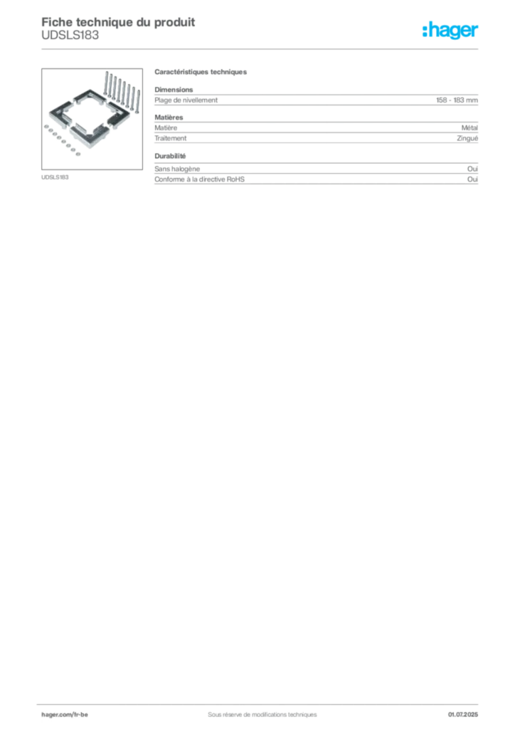 Image Hager Fiche technique du produit UDSLS183 | Hager Belgique