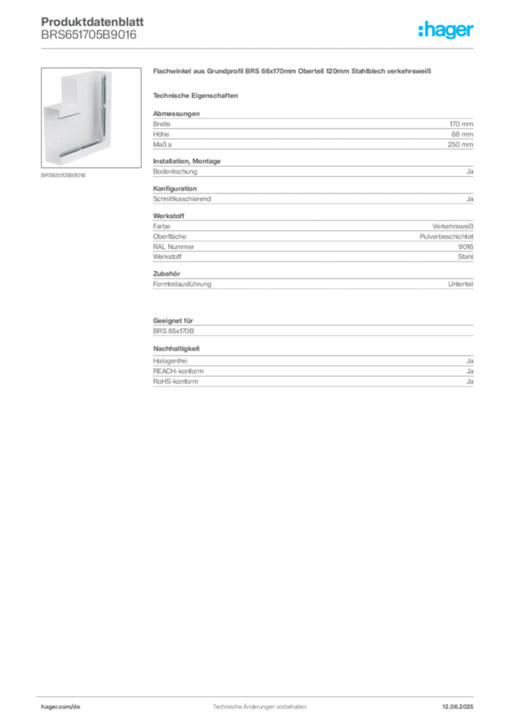 Bild Hager Produktdatenblatt BRS651705B9016 | Hager Deutschland