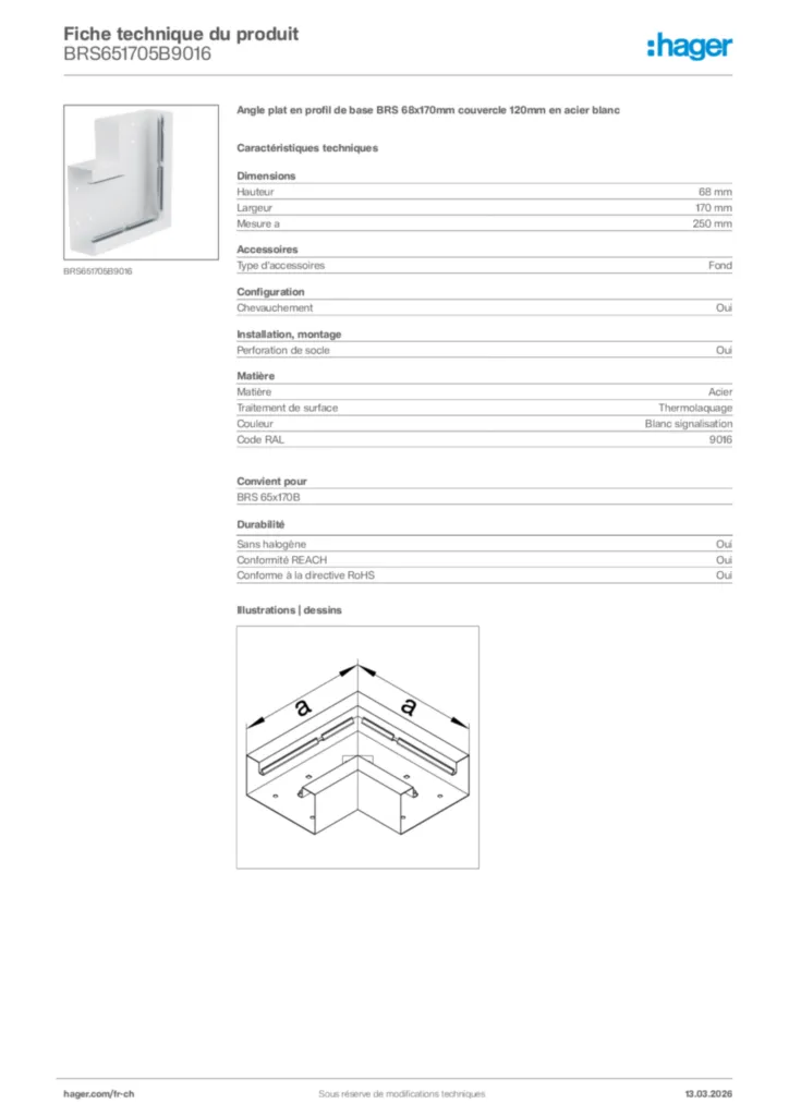 Image Hager Fiche technique du produit BRS651705B9016 | Hager Suisse