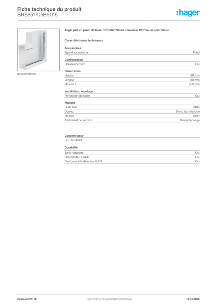 Image Hager Fiche technique du produit BRS651705B9016 | Hager Suisse