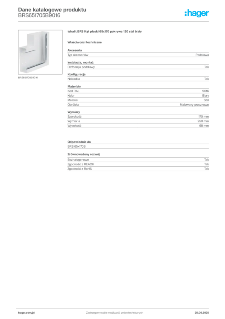 Zdjęcie Hager Karta katalogowa BRS651705B9016 | Hager Polska