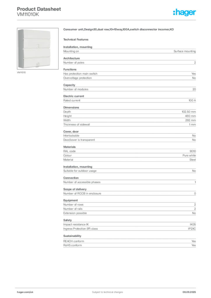 Image Hager Product data sheet VM11010K  | Hager