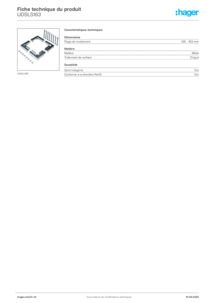 Image Hager Fiche technique du produit UDSLS163 | Hager Suisse