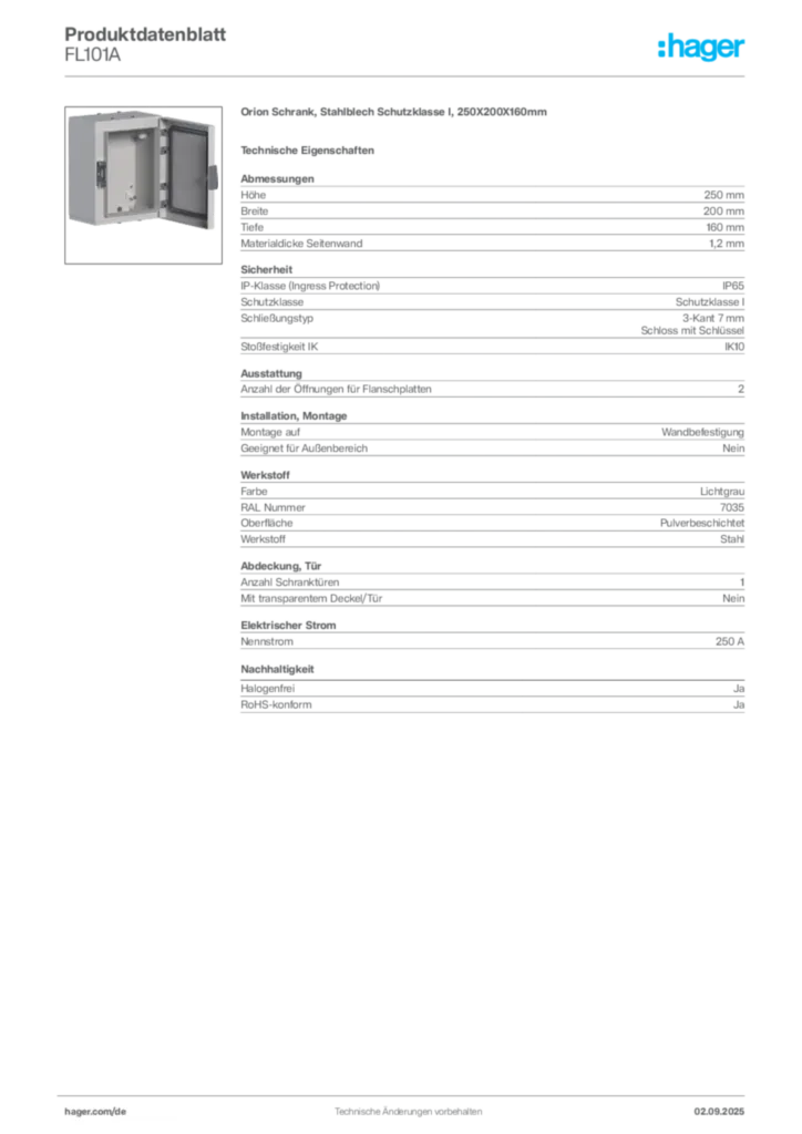 Hager Produktdatenblatt FL101A